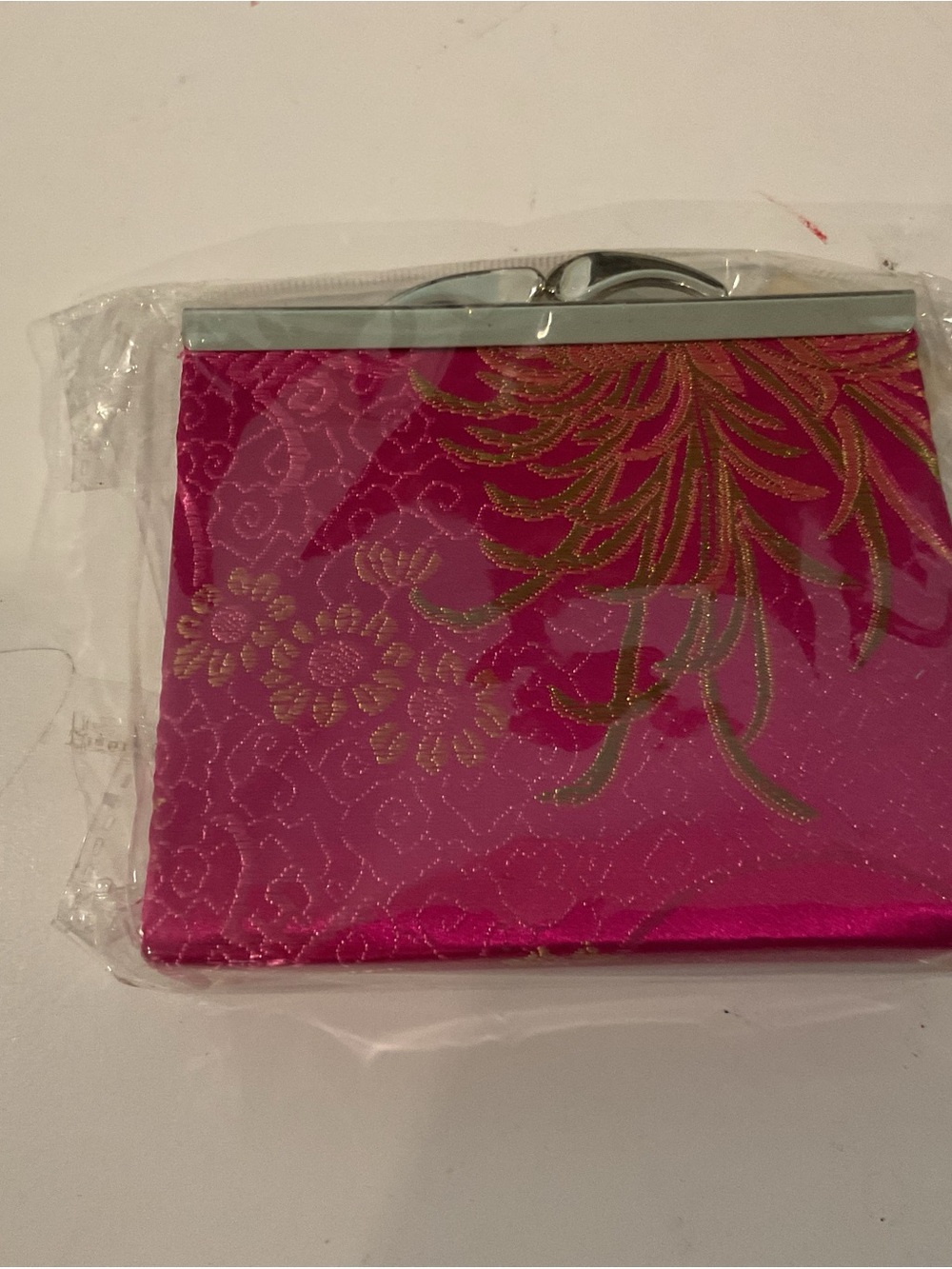 Gold-Embroidered Pink Satin Frame Mini Coin Wallet
